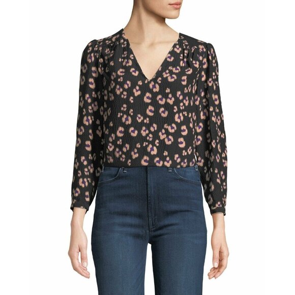 Rebecca Taylor Silk Top Black Cheetah Print V Neck Long Sleeve Sz 6 Nwt $295